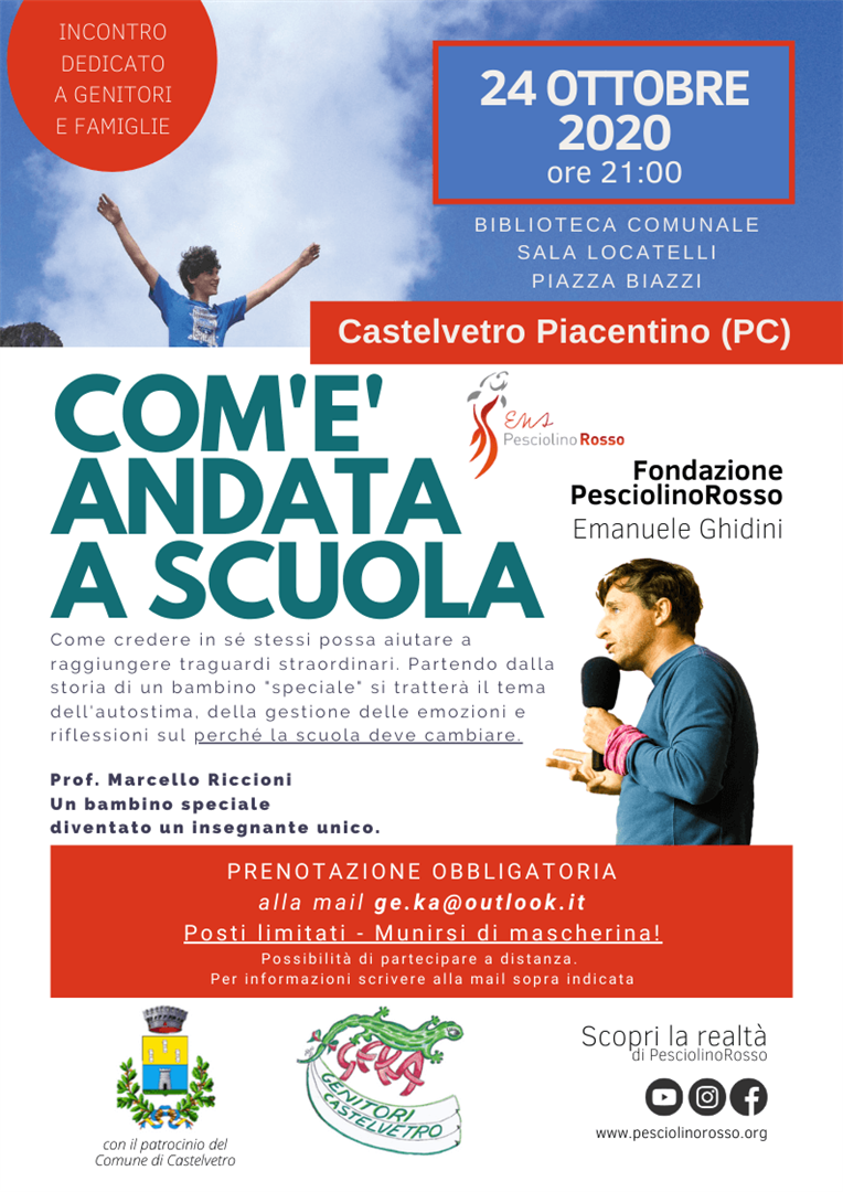 Corso autostima e incontro aperto a tutti a Castelvetro Piacentino (PC) con il prof Riccioni